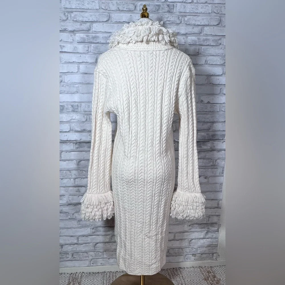Vintage Nine West Cream Cable Knit Long Crochet Cardigan with Fringe Trim
